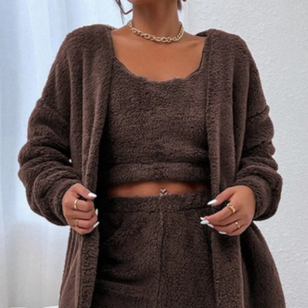 cozy brown teddy flannel cardigan & tank top & pants set fall winter warm casual - Picture 7 of 8